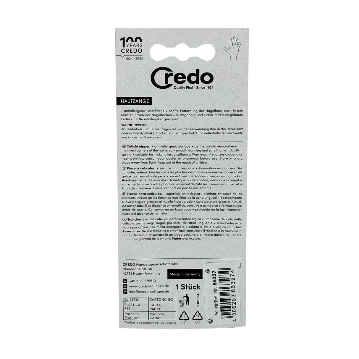 Credo Diabetic Tool Cuticle Nippers Box Back View