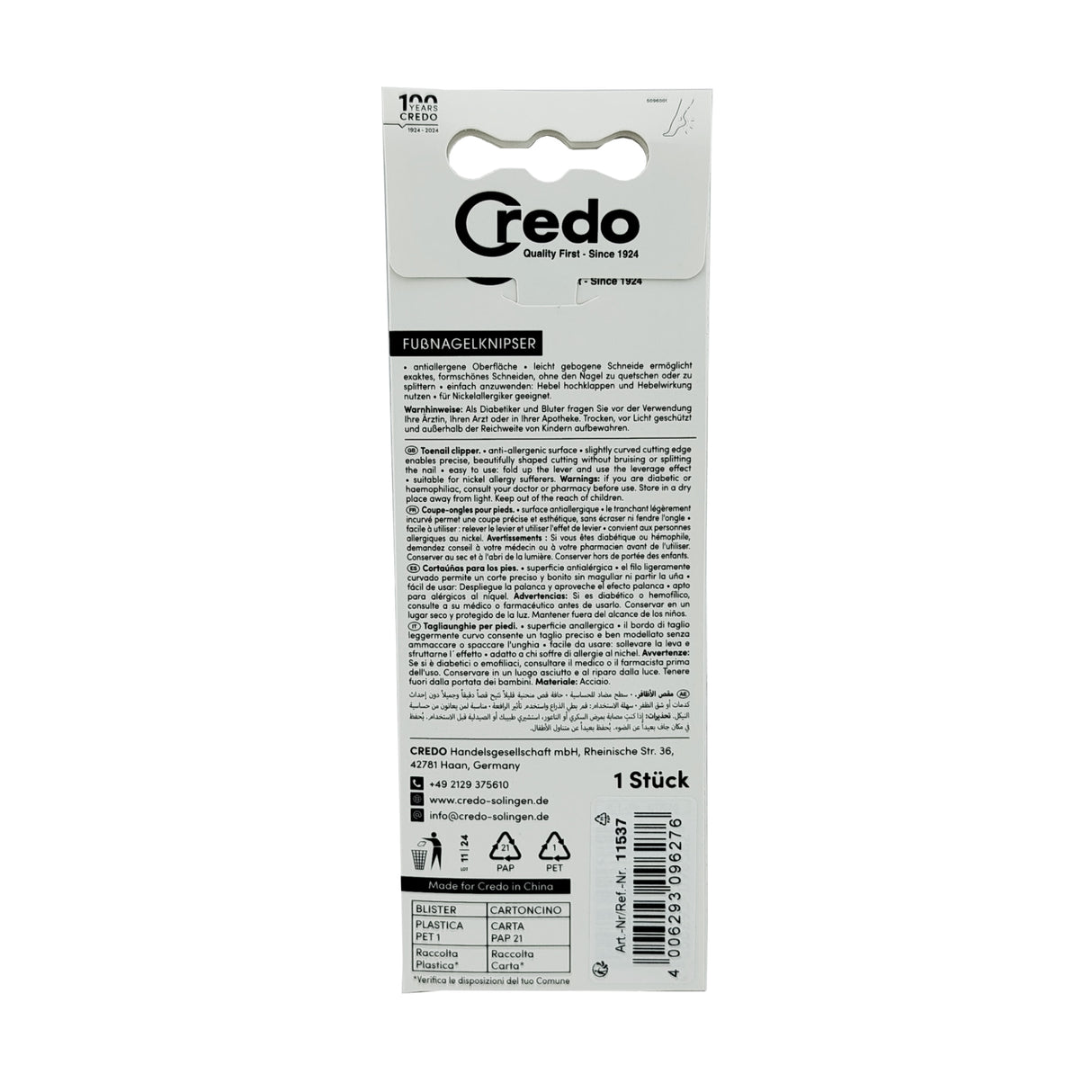 Credo Diabetic Tool Straight Nail Clippers Box Back View