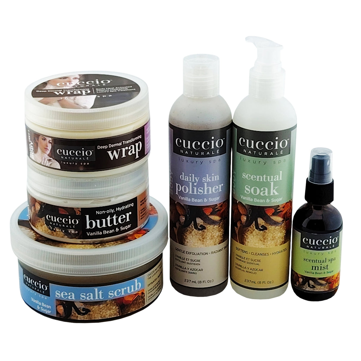 Cuccio Vanilla Bean & Sugar Scentual Spa Experience Kit Content Pots and Bottles View