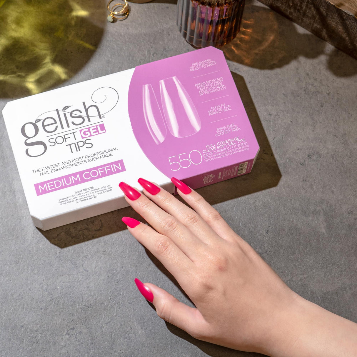 Gelish Soft Gel Tips Medium Coffin Hand Model With Finger Nails And Box