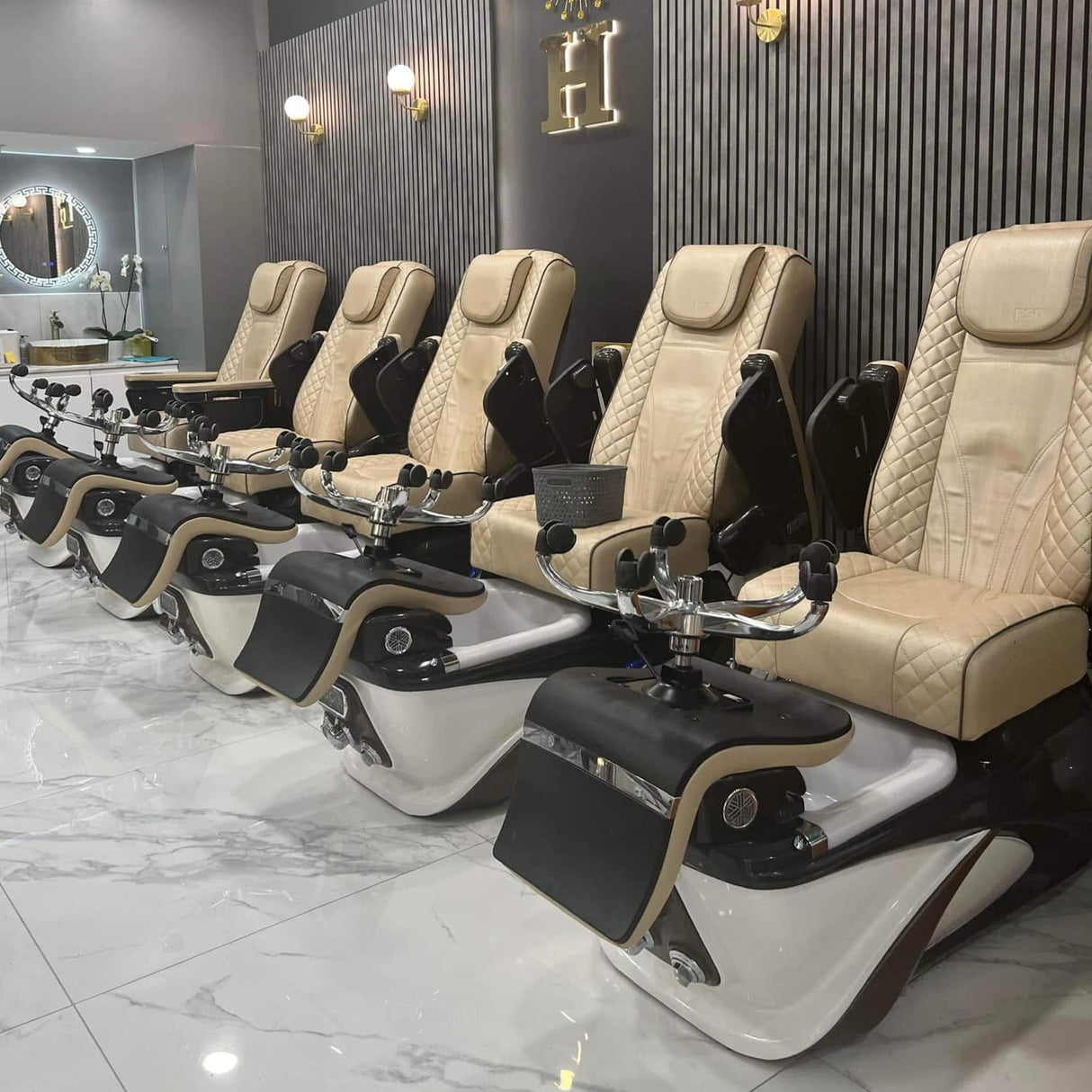 Lexor PSD700 Salon Pedicure Spa Chairs installed in a new salon premises, featuring five spa chair units sets supplied and fitted by Keo Supply.