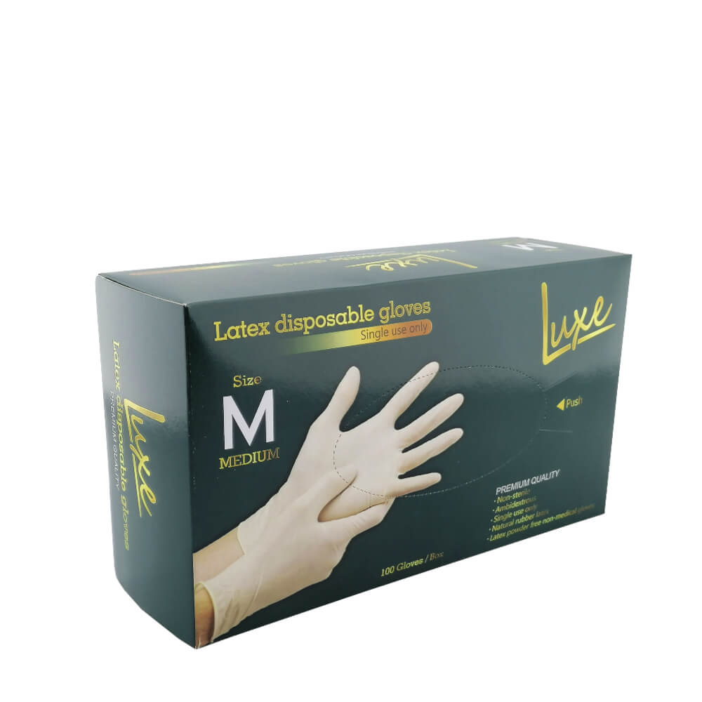 Luxe Disposable Latex Powder-Free Gloves Medium Single Pack Front View