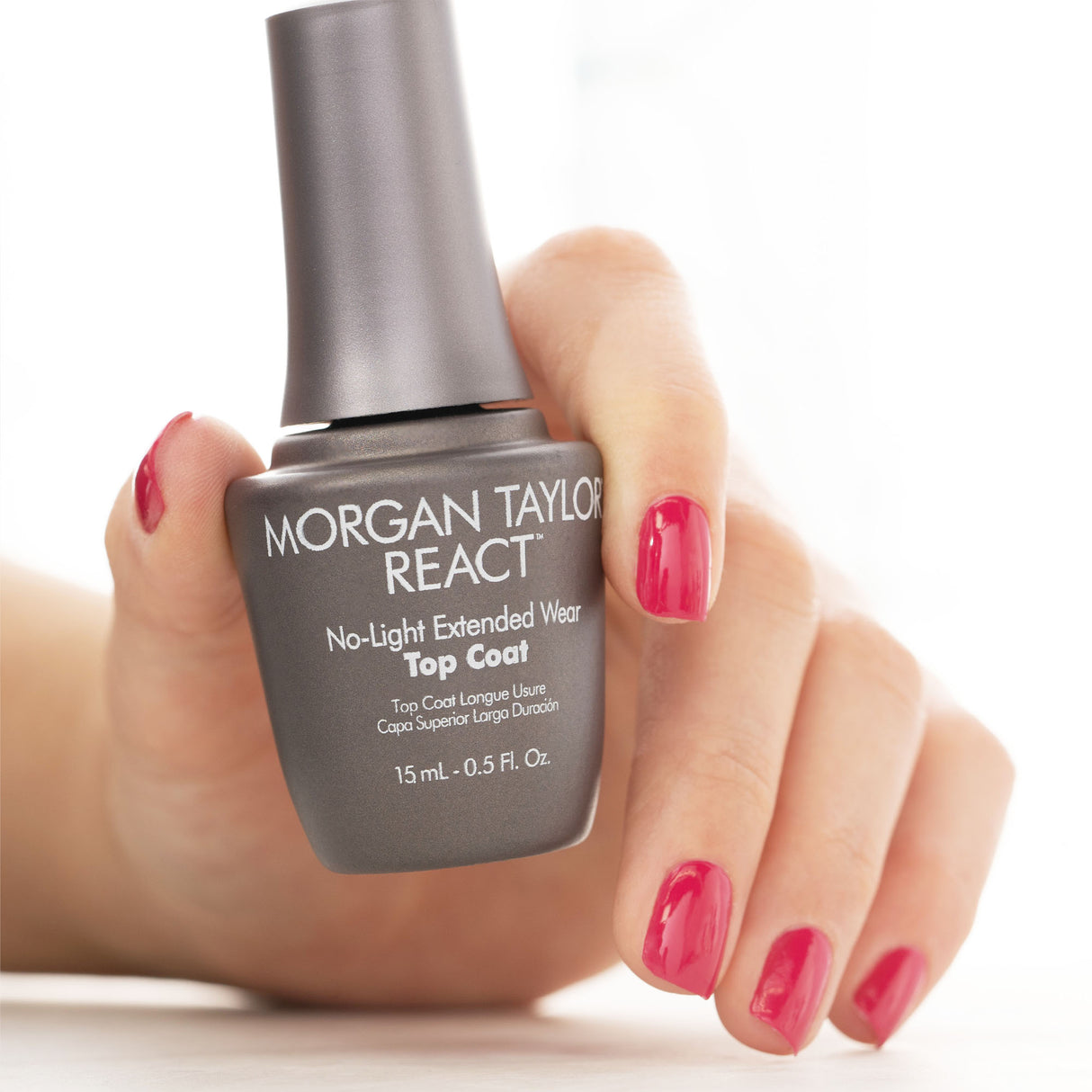 Morgan Taylor React Nail Polish Top Coat 15ml 0.5oz Bottle In Hand