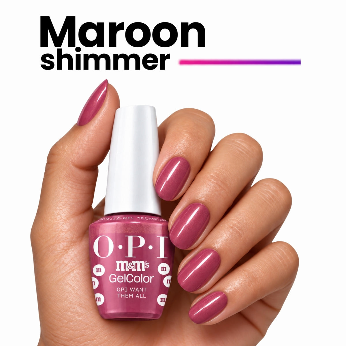 OPI Intelli-Gel | OPI Want Them All (GCT HP T09) Hand With Bottle Showing The Maroon Shimmer Shade On The Finger Nails