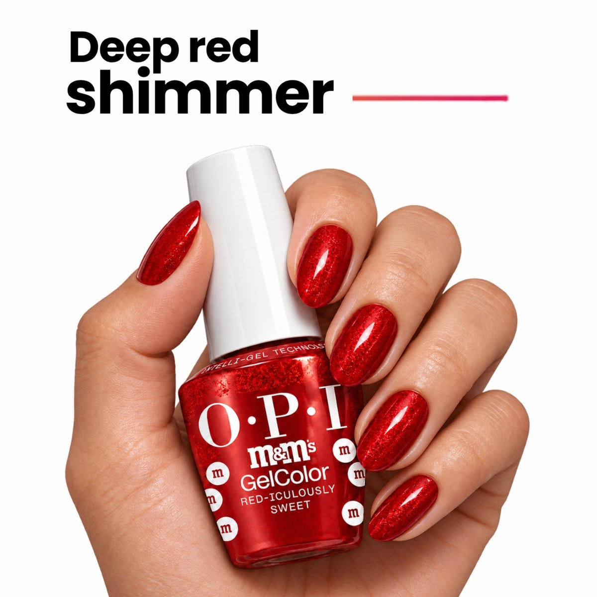 OPI Intelli-Gel | Red-iculously Sweet (GCT HP T12) Hand With Bottle Showing The Deep Red Shimmer Shade On The Finger Nails