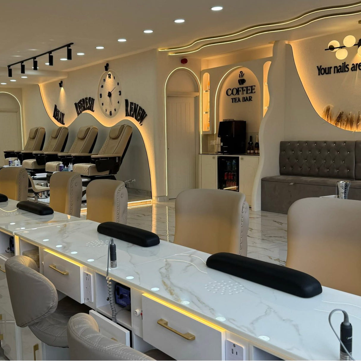 Salon Installation by Keo Supply for the Keo Solar Gold Double Manicure Nail Table 2 table units