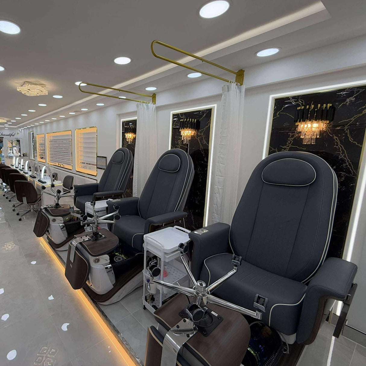 Salon Installation by Keo Supply for the Lexor Mystique Salon Pedicure Spa Chair - Midnight 3 Units With Stools