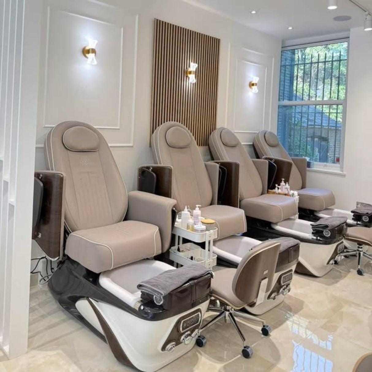 Salon Installation by Keo Supply for the Lexor PSD Luxe Salon Pedicure Spa Chair - Claystone 3 Units With Stools