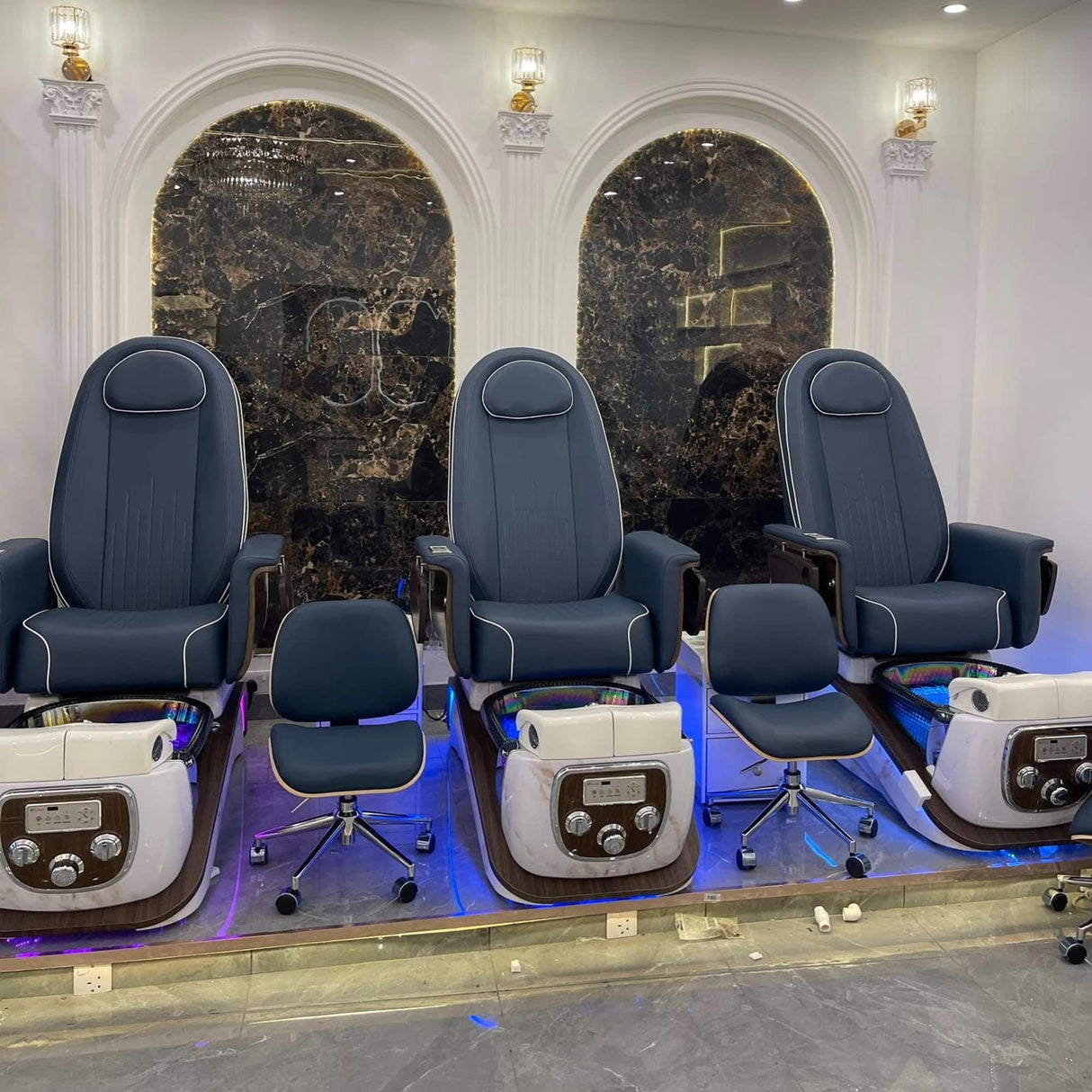 Salon Installation by Keo Supply for the Lexor PSD Luxe Salon Pedicure Spa Chair - Midnight 3 Units With Stools