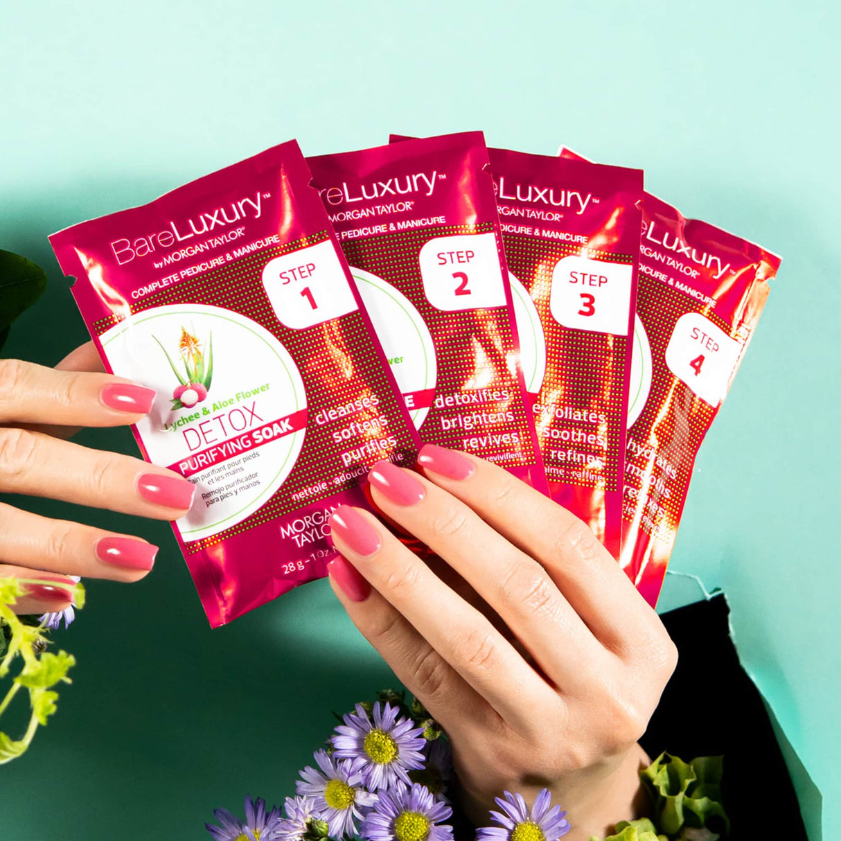 BareLuxury 4 Step Pedicure Pack - Lychee and Aloe Vera Hand Shot With Sachets