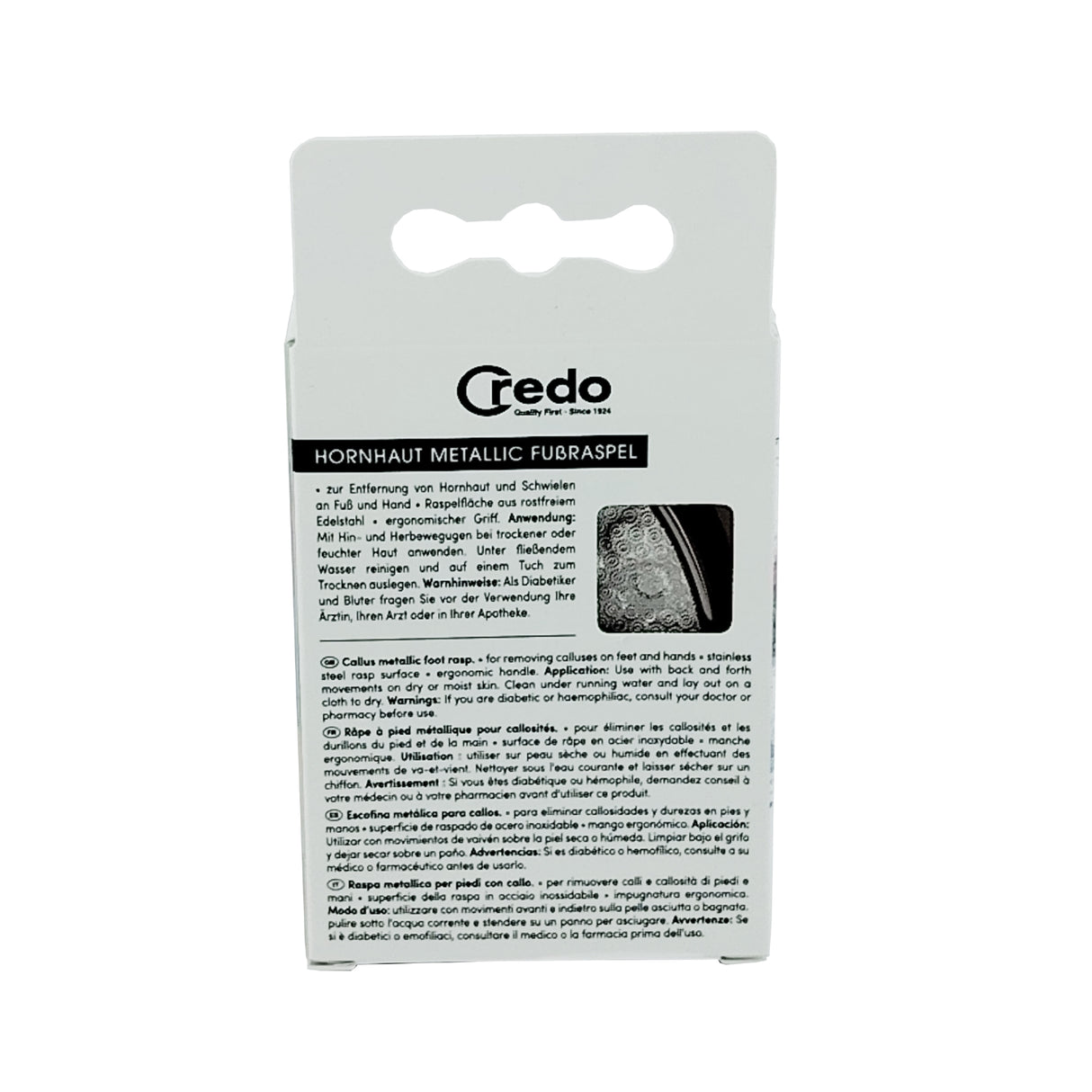 Credo Metallic Callus Foot Rasp Rose Gold Packaging Box Back View