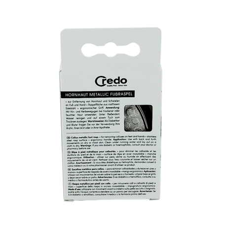 Credo Metallic Callus Foot Rasp Rose Gold Packaging Box Back View