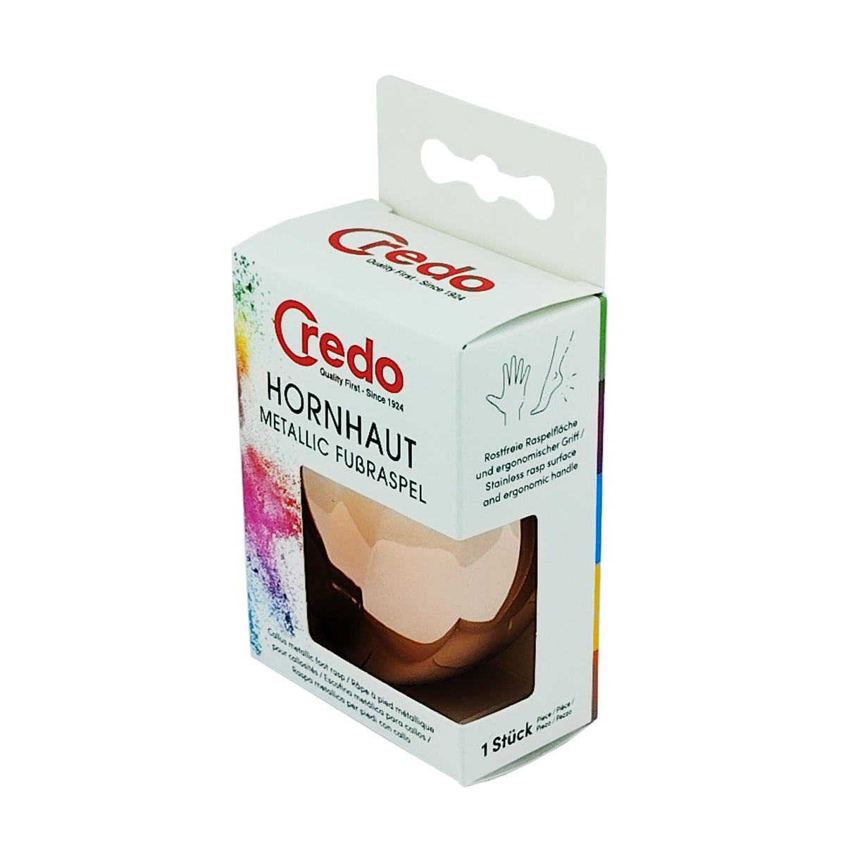 Credo Metallic Callus Foot Rasp Rose Gold Packaging Box Side View