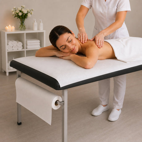 A woman receives a shoulder massage on a white spa table in a bright, clean treatment room. A therapist in white uniform is standing beside her, and a small shelf with towels and candles is visible in the background. Showing the placement of the couch roll.