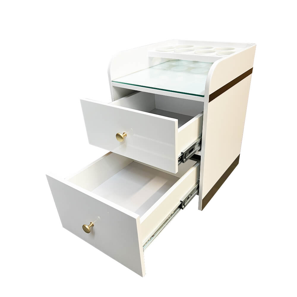 Keo Spartan Gold Handcrafted Wooden Pedicure Trolley Cart Open Drawers View