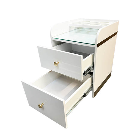 Keo Spartan Gold Handcrafted Wooden Pedicure Trolley Cart Open Drawers View
