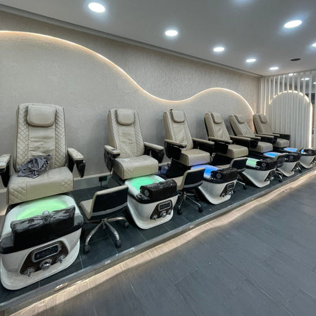 Lexor PSD700 Salon Pedicure Spa Chairs installed in a new salon premises, featuring  six spa chair units sets supplied and fitted by Keo Supply.