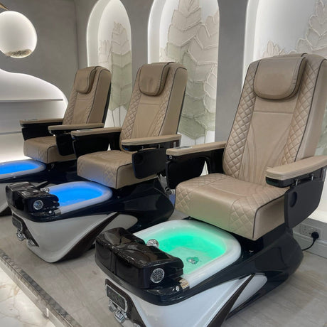 Lexor PSD700 Salon Pedicure Spa Chairs installed in a new salon premises, featuring three spa chair units supplied and fitted by Keo Supply.