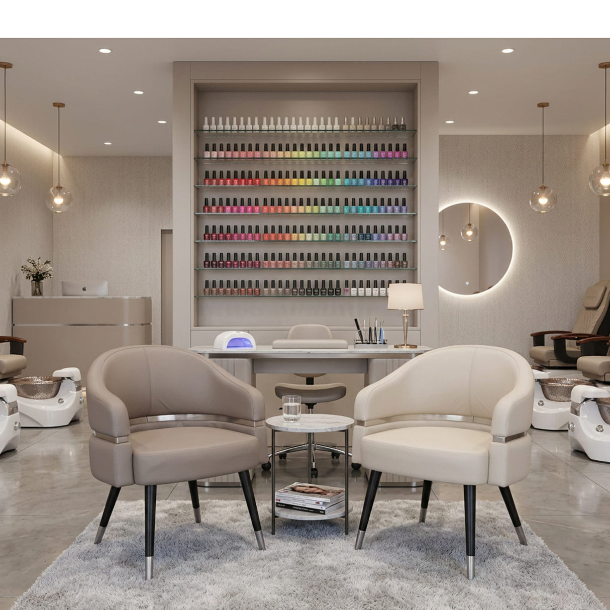 Lexor Stationary Customer Chair 2.6 - Claystone and Ivory colour on a background within a nail Salon Demo