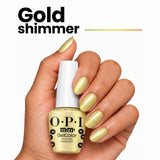 OPI Intelli-Gel | Feeling Mmmmerry (GCT HP T01) Hand With Bottle Showing The Gold Shimmer Shade On The Finger Nails