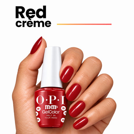 OPI Intelli-Gel | Melt in Your Mani (GCT HP T02) Hand With Bottle Showing The Red Creme Shade On The Finger Nails