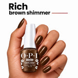 OPI Intelli-Gel | Peanut Butter Me Up (GCT HP T07) Hand With Bottle Showing The Rich Brown Shimmer Shade On The Finger Nails