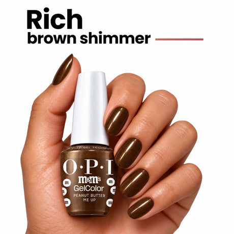 OPI Intelli-Gel | Peanut Butter Me Up (GCT HP T07) Hand With Bottle Showing The Rich Brown Shimmer Shade On The Finger Nails