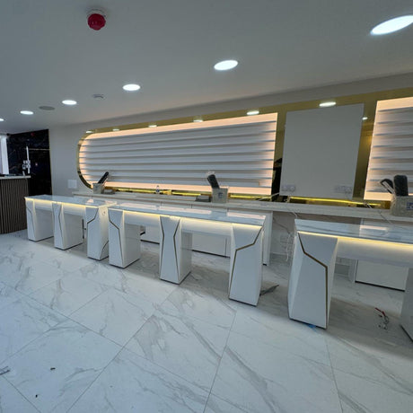 Salon Installation by Keo Supply for the Keo Solar Gold Double Manicure Nail Table 3 table units